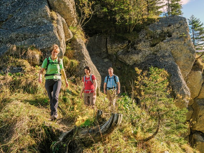Drei Wanderer auf einem schmalen Bergpfad zwischen mächtigen Felsblöcken, im Sonnenlicht leuchten Gräser und junge Fichten.