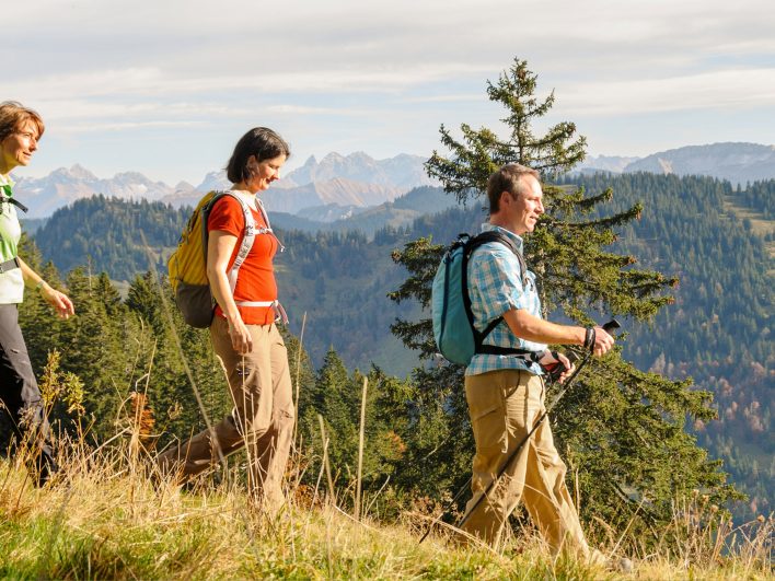 Drei Wanderer mit Rucksäcken unterwegs auf einem Grashang über bewaldeten Tälern, im Hintergrund die schroffen Gipfel der Alpen.