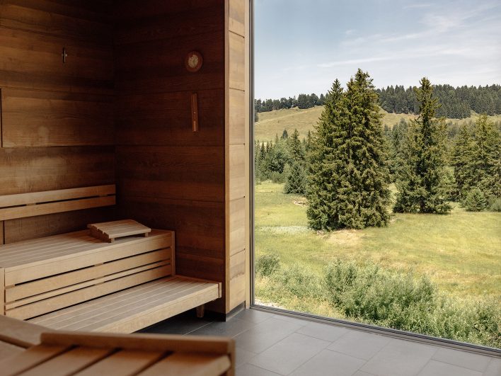 Sauna mit hellen Holzbänken und dunkler Wandverkleidung, daneben ein Panoramafenster mit Blick auf Fichten und Wiese.